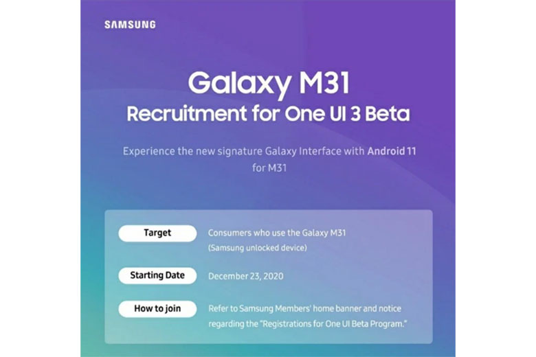 Samsung Galaxy M31 là điện thoại tầm trung đầu tiên hỗ trợ One UI 3.0 beta