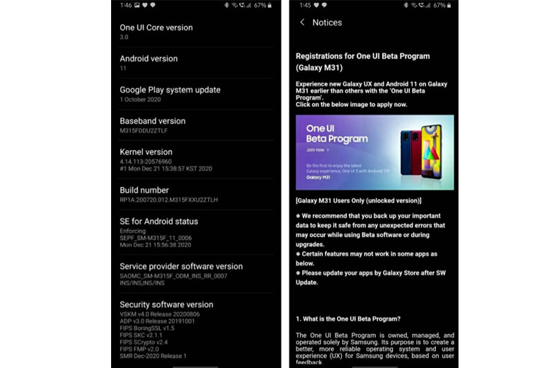 Samsung Galaxy M31 là điện thoại tầm trung đầu tiên hỗ trợ One UI 3.0 beta