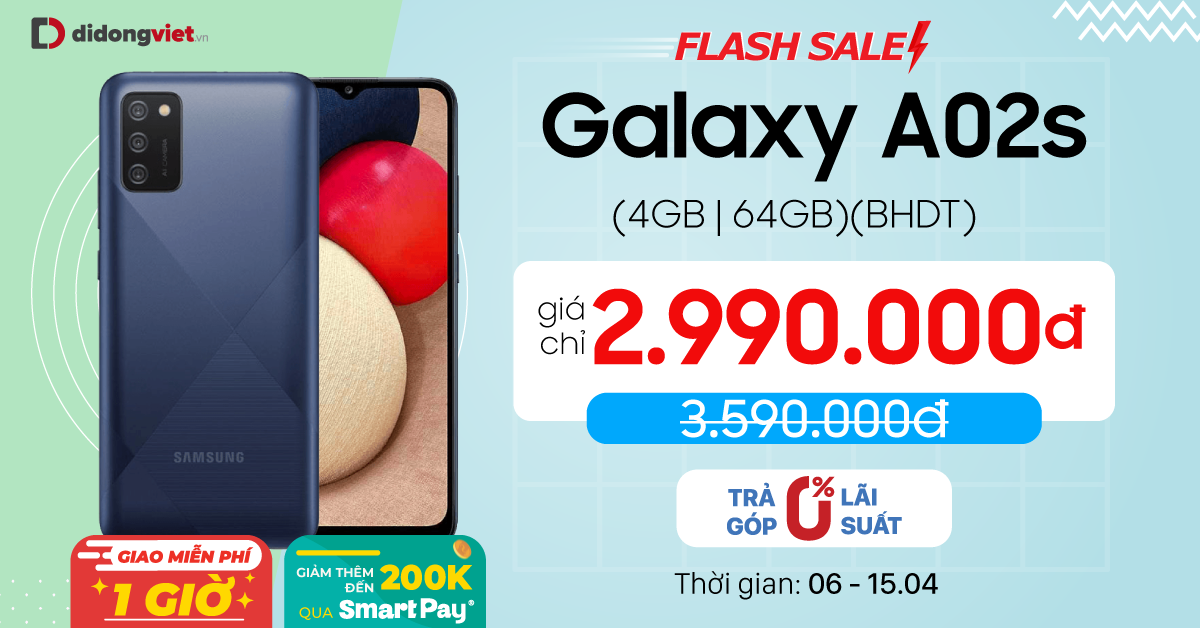 Galaxy A02s: Giá khuyến mãi chỉ 2,9 triệu. Trả góp 0% lãi suất.