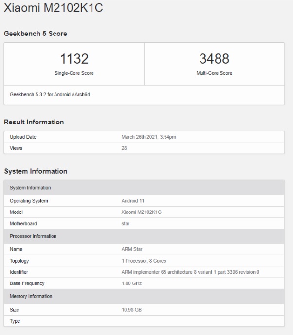 Xiaomi có số model M2102K1C đã xuất hiện trên nền tảng điểm chuẩn Geekbench 5