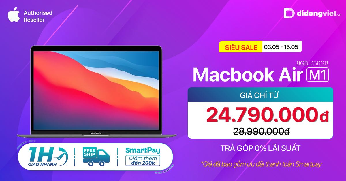 Hotsale: Macbook Air M1 giá chỉ còn 24,7 triệu.Trả góp 0% lãi suất.