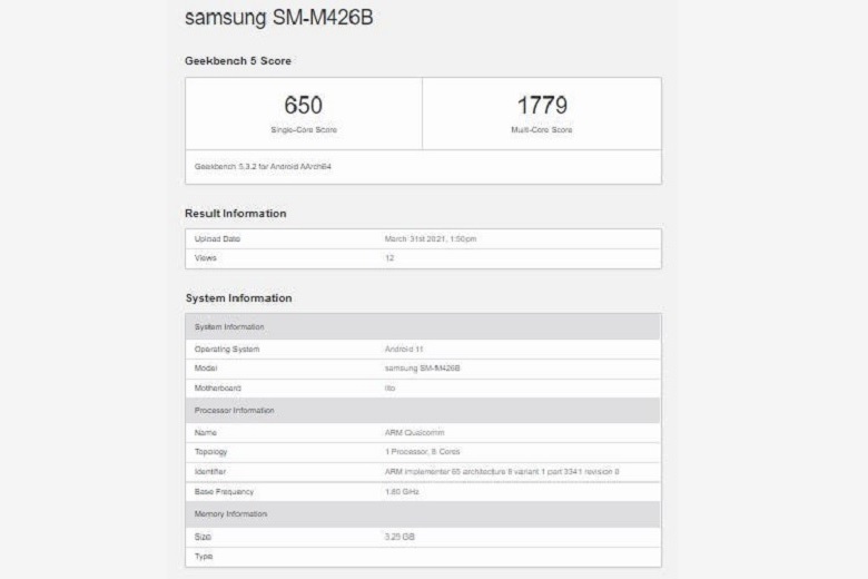 Một chiếc điện thoại thông minh Samsung Galaxy mới với số model SM-M426B đã xuất hiện trên cơ sở dữ liệu điểm chuẩn GeekBench 5.