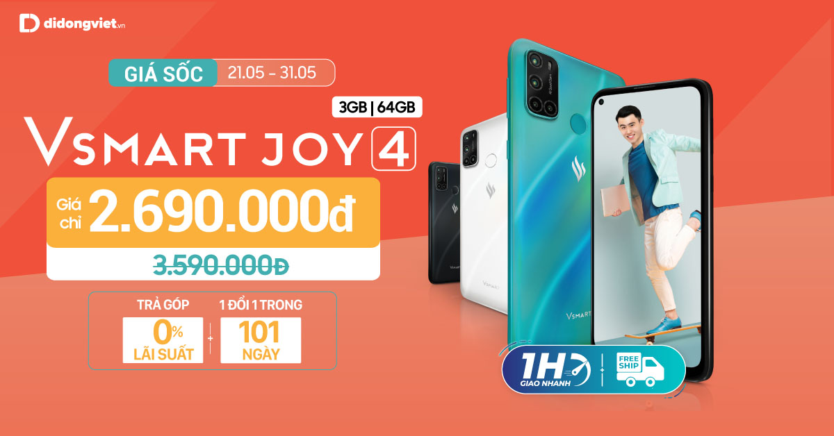 Hotsale Vsmart Joy 4 (3GB|64GB) giá chỉ 2,6tr. Giao hàng 1H. Trả góp 0% lãi suất.