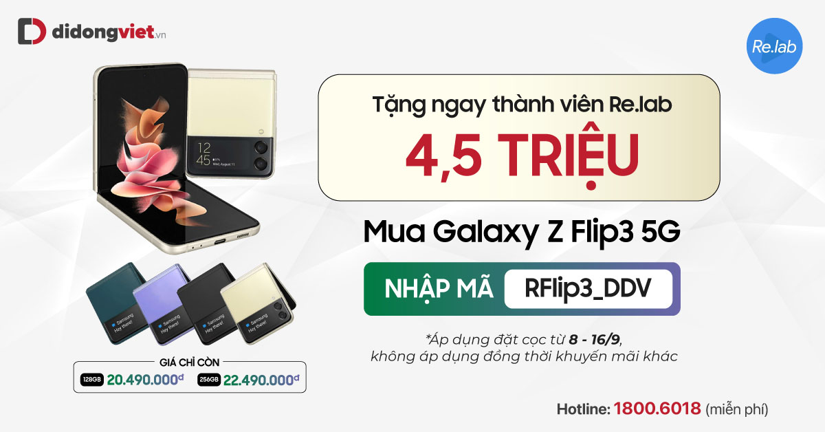 Mã giảm giá đặc biệt tại Di Động Việt, dành riêng cho thành viên đến từ kênh Re.lab khi sắm Galaxy Z Flip3 5G