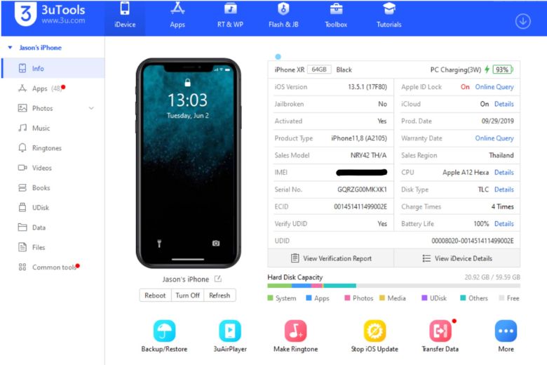 Kiểm tra qua mã iPhone phần mềm 3uTools
