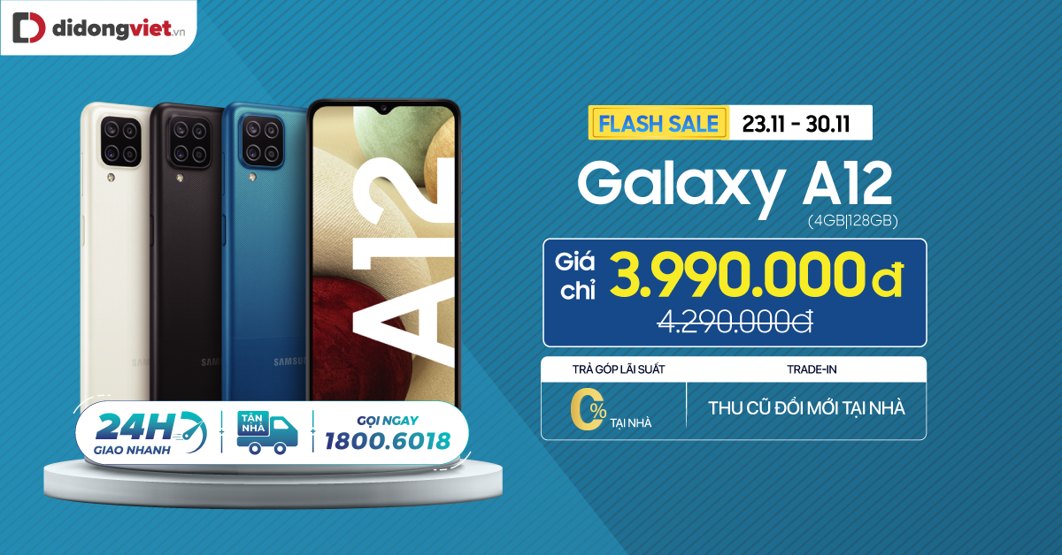 Flash sale cuối tháng Galaxy A12 (4GB|128GB) giá chỉ 3.990.000đ. Trả góp 0% lãi suất.