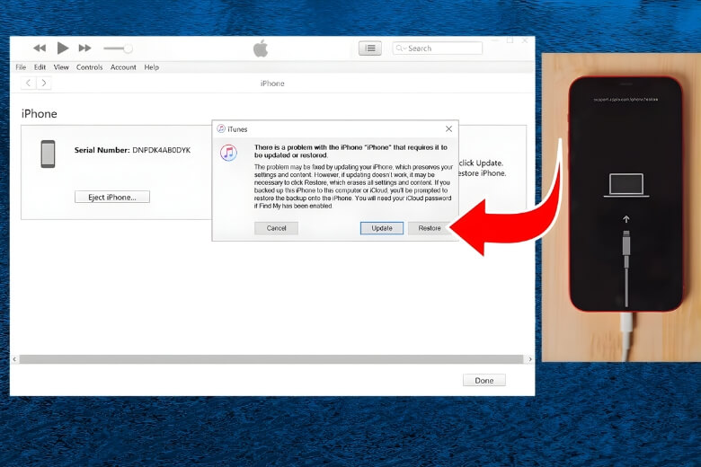 iPhone bị treo táo chọn Restore iPhone trong DFU Mode
