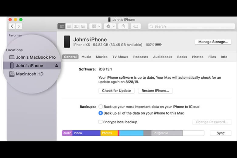 iPhone bị treo táo chọn thiết bị giao diện Finder