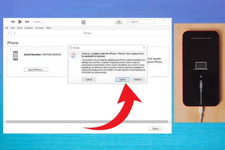 iPhone bị treo táo chọn Update hoặc Restore