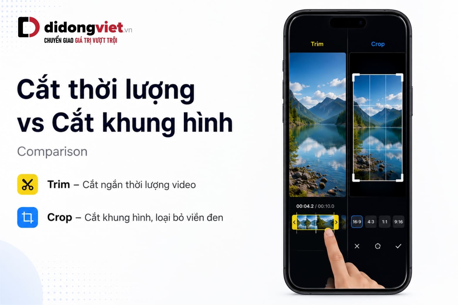 Cách cắt video trên iPhone giữ nguyên chất lượng 4K không cần tải app 6 So sánh thao tác cắt thời lượng bằng thanh màu vàng và cắt khung hình tỷ lệ hiển thị trên iPhone