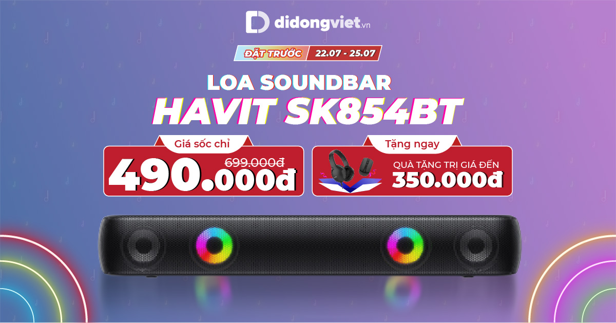 Từ 22.07 – 25.07: Đặt trước Loa Soundbar Havit SK854BT giá chỉ còn 490.000đ. Tặng Tai nghe Havit hoặc Chuột không dây Havit trị giá tới 350.000đ. Bảo hành 12 tháng