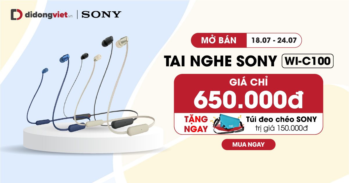 Từ 18.07 – 24.07: Mở bán tai nghe Sony WI-C100. Giá sốc chỉ 650.000đ. Tặng Túi đeo chéo Sony trị giá 150.000đ. Bảo hành 12 tháng. Giao hàng nhanh trong 1 giờ