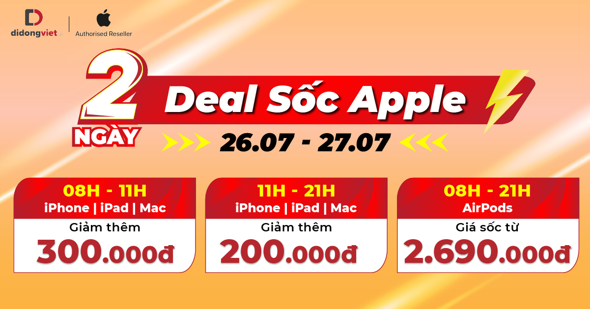 Deal sốc Apple – Duy nhất 26.07 – 27.07: iPhone | iPad | Mac giảm thêm đến 300K. Tặng thêm đến 1 TRIỆU khi Trade-in. Giảm thêm 600K khi mở thẻ TPBank EVO. Cùng nhiều ưu đãi siêu hấp dẫn