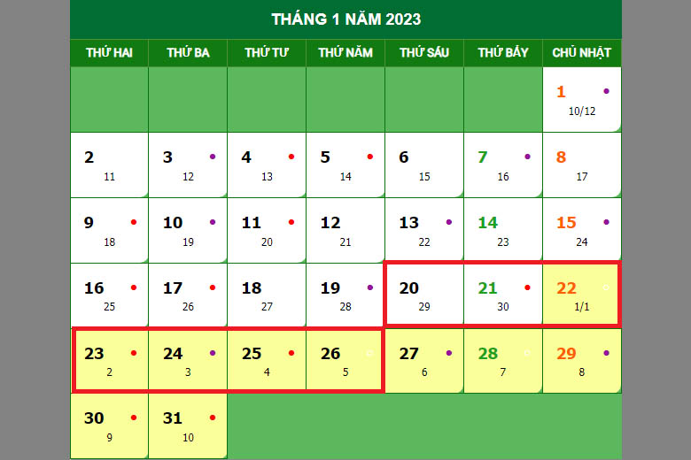 Lịch nghỉ Tết Nguyên Đán 2023