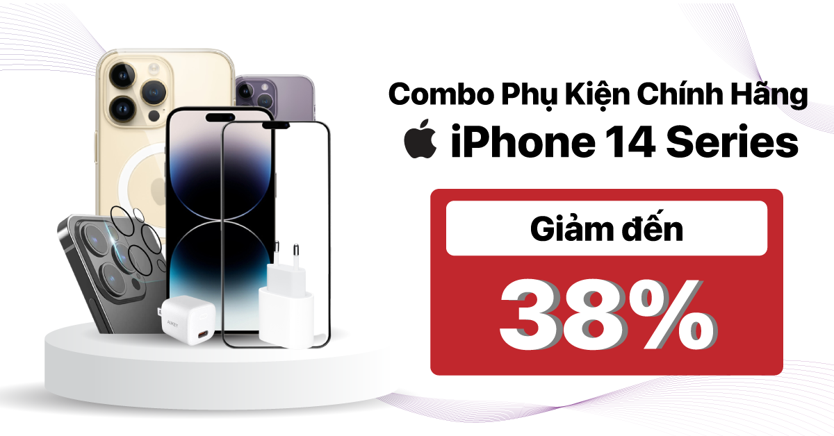 Giảm đến 38% phụ kiện và combo phụ kiện chính hãng khi sắm iPhone 14 Series tại Di Động Việt. Đặc biệt, kính cường lực cao cấp 1 đổi 1 không giới hạn vĩnh viễn