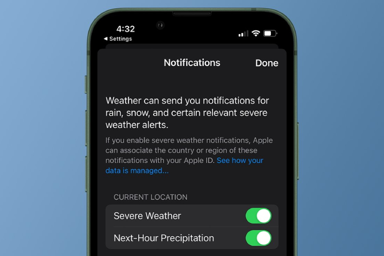 Kích hoạt cảnh báo trời mưa trên iOS 16