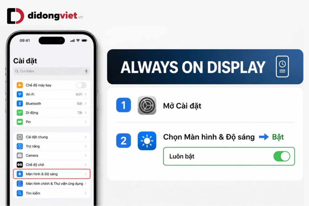 Always On Display là gì? Có nên sử dụng Always On Display? 16 Vào Cài đặt > Màn hình & Độ sáng > Màn hình luôn bật và bật tính năng AOD.