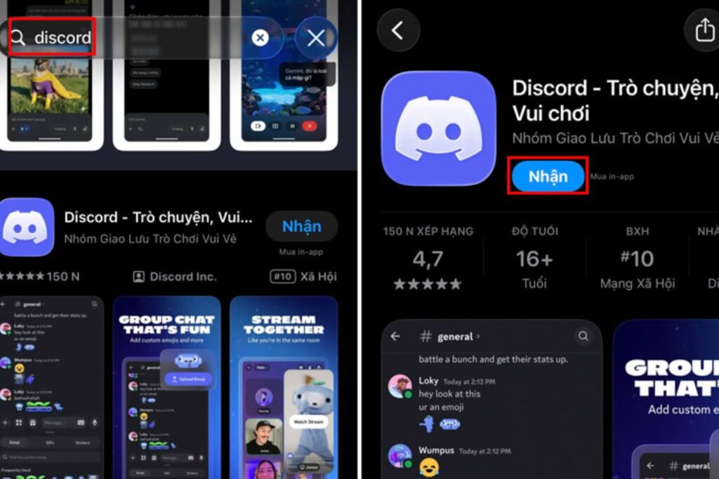 Tìm “Discord” trên App Store hoặc Google Play và tải ứng dụng chính chủ có logo tay cầm trắng nền xanh tím.