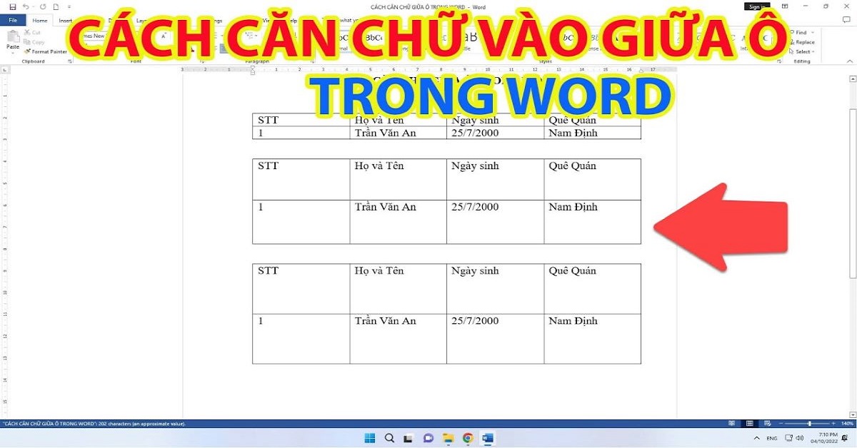 cách căn giữa ô trong word