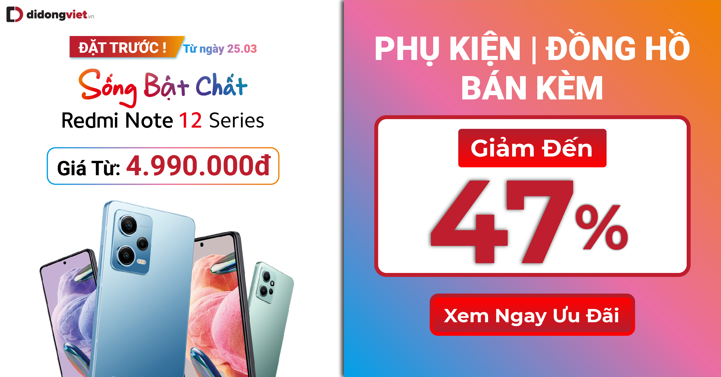 Giảm đến 47% phụ kiện và dịch vụ bán kèm chính hãng khi sắm Xiaomi Redmi Note 12 | Xiaomi Redmi Note 12 Pro 5G tại Di Động Việt.