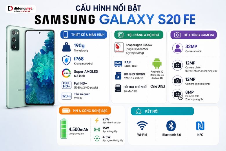 Thông số cấu hình điện thoại Samsung Galaxy S20 FE có gì HOT: Chip Snapdragon 865, Camera 12MP 7 cấu hình samsung s20 fe thông số chi tiết
