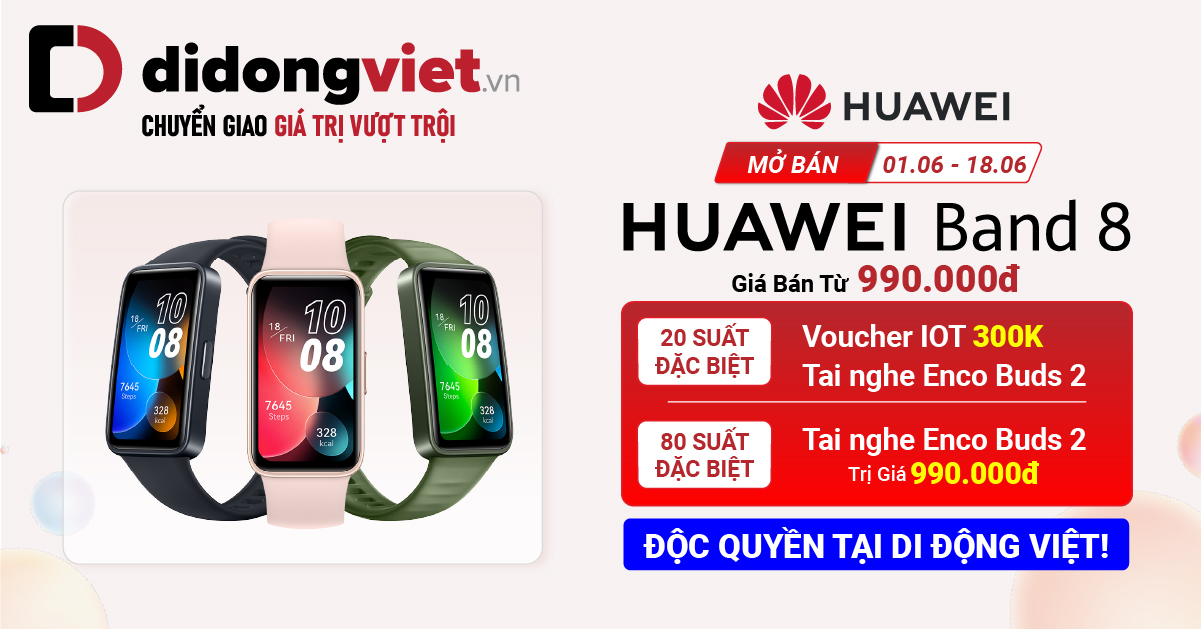 Chào mừng mở bán Huawei Band 8 từ 01.06 – 18.06 với nhiều ưu đãi cực kì hấp: 100 suất bán đặc biệt lên đến 1.290.000đ. Độc quyền duy nhất tại Di Động Việt