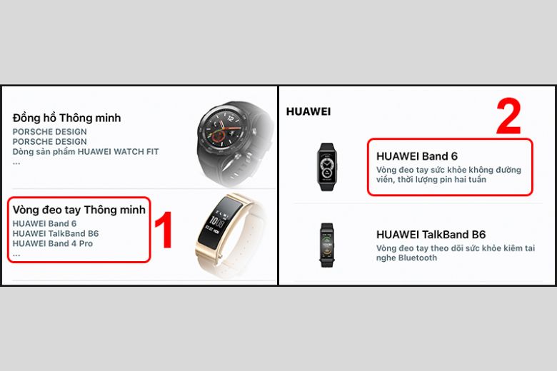 Chọn mục Vòng đeo tay Thông minh, sau đó chọn tên thiết bị nếu bạn đang dùng Huawei Band 6 thì ấn chọn Huawei Band 6