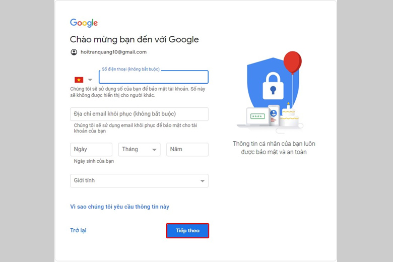 tạo gmail ko cần thiết số năng lượng điện thoại