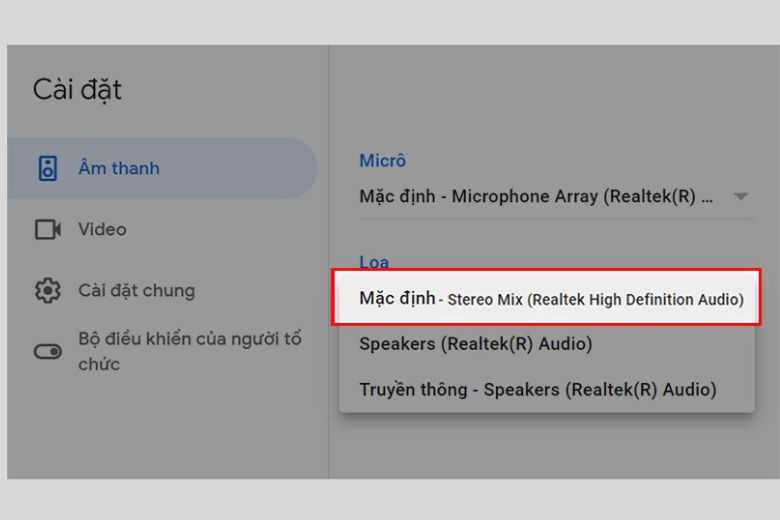 Chọn Audio > Tại phần Speakers, chọn Default