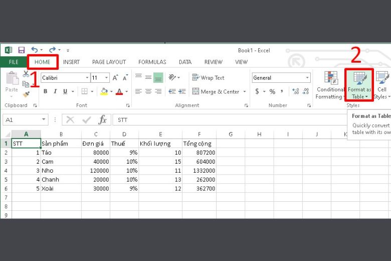 cách tạo bảng trong excel