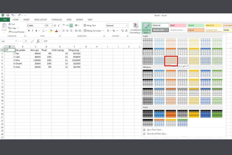 cách tạo bảng trong excel