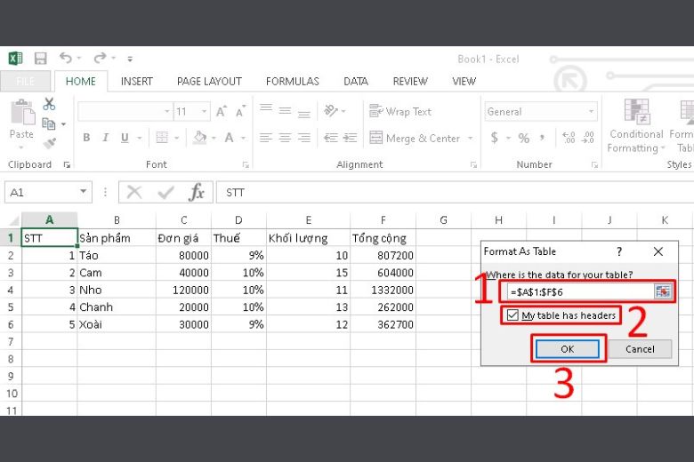 cách tạo bảng trong excel