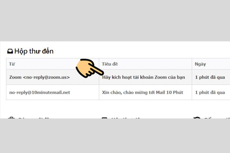 Quay lại website email 10 phút và kiểm tra hộp thư “Thư phần mềm Zoom”