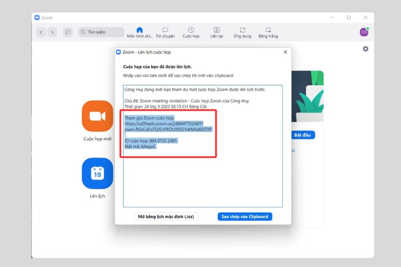 Bạn sẽ nhận được link/ID của cuộc họp, bạn hãy chia sẻ link/ID này cho những người cùng tham gia