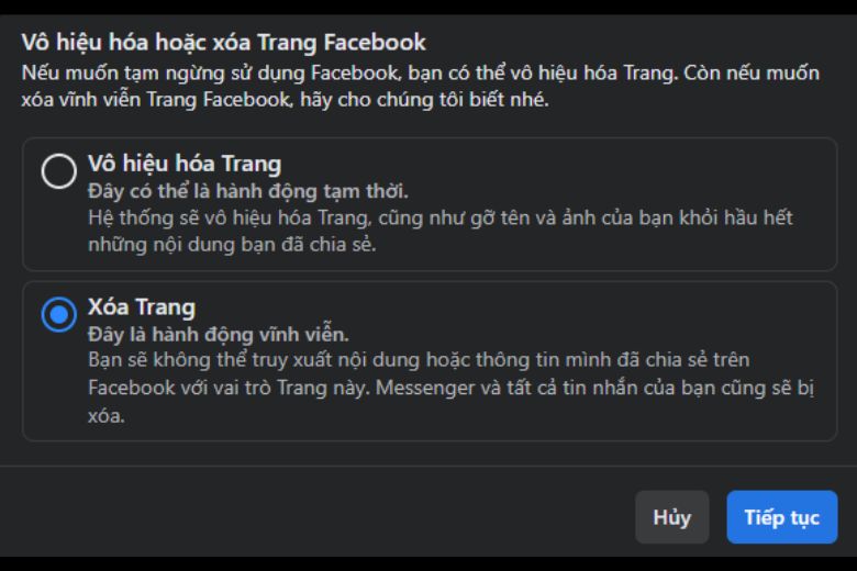 cách xóa trang trên facebook