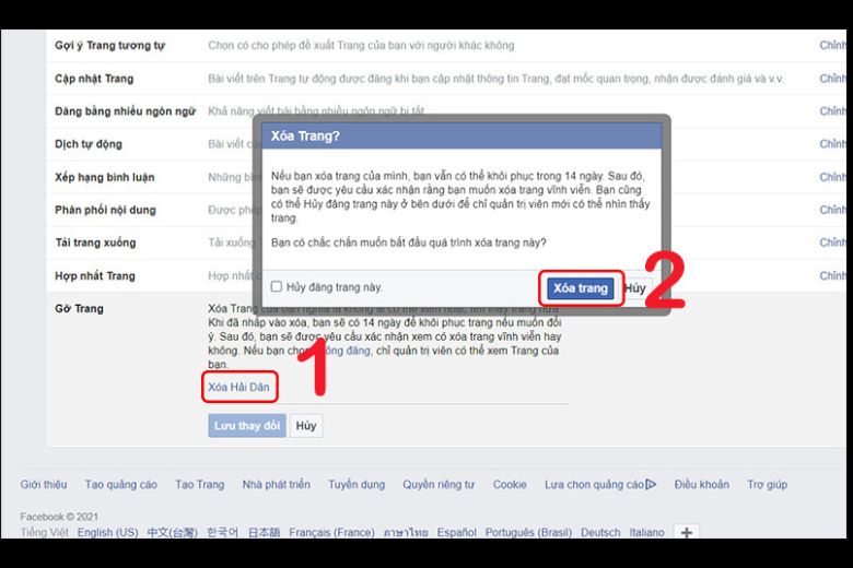 cách xóa trang trên facebook