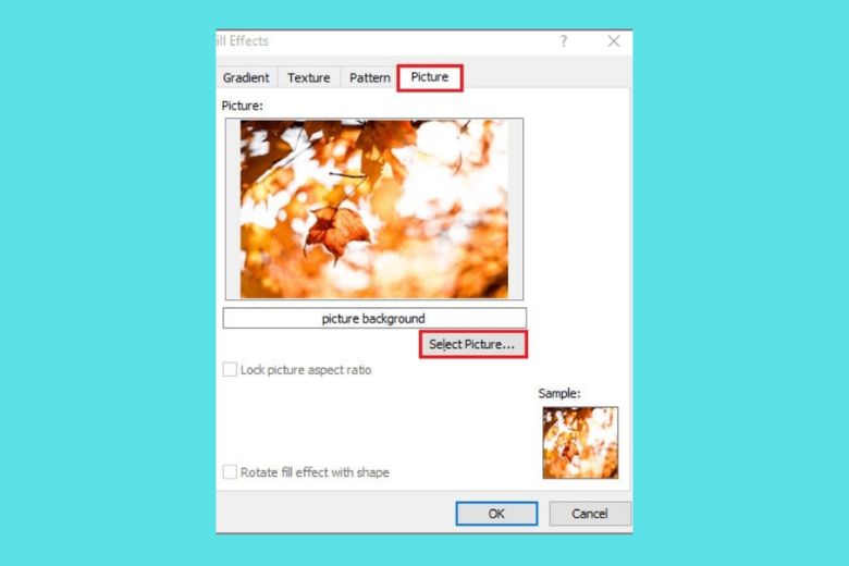 Trong cửa sổ "Fill Effects" (Hiệu ứng nền), chuyển sang tab "Picture"