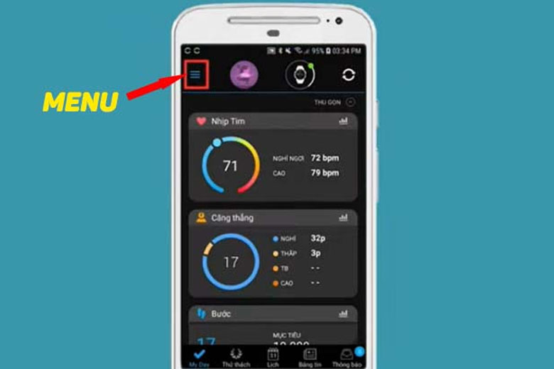 Chạm vào biểu tượng Menu ở góc trên bên trái của màn hình ứng dụng Garmin Connect