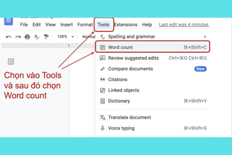 Trên thanh menu của Google Docs, bạn nhấn vào Tools (công cụ)