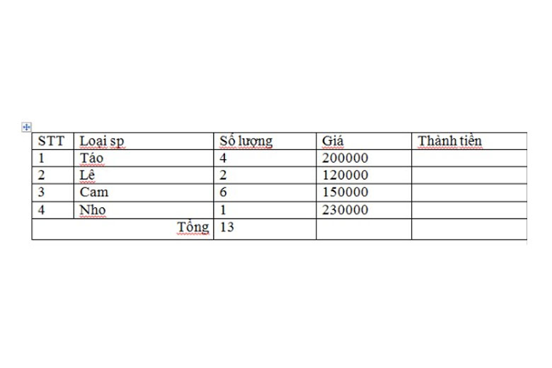 Các bước tính tổng trong Word theo hàng