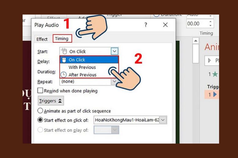 Ở tab Timing chọn: With Previous, Onclick, hay After Previous, ở tab Effect chọn vào ô After