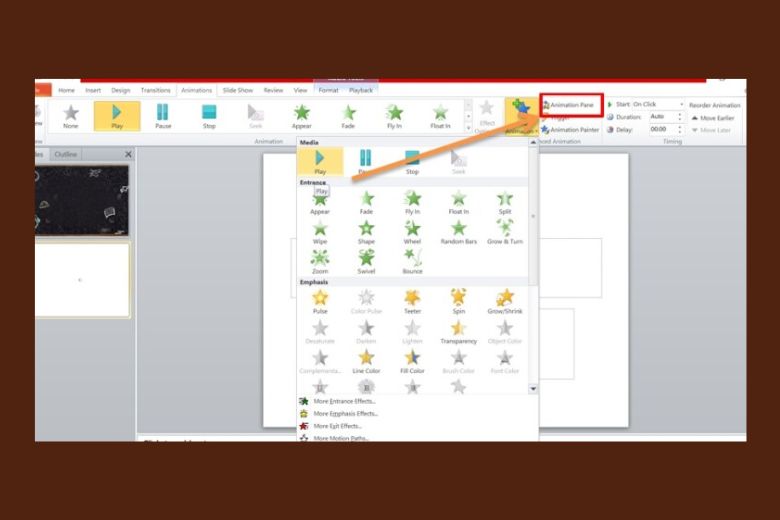 Bên phải mục Add Animation, chọn Animation Pane