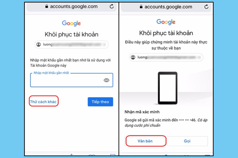 Chọn “Thử cách khác” và chờ Google gửi mã xác nhận tới số điện thoại