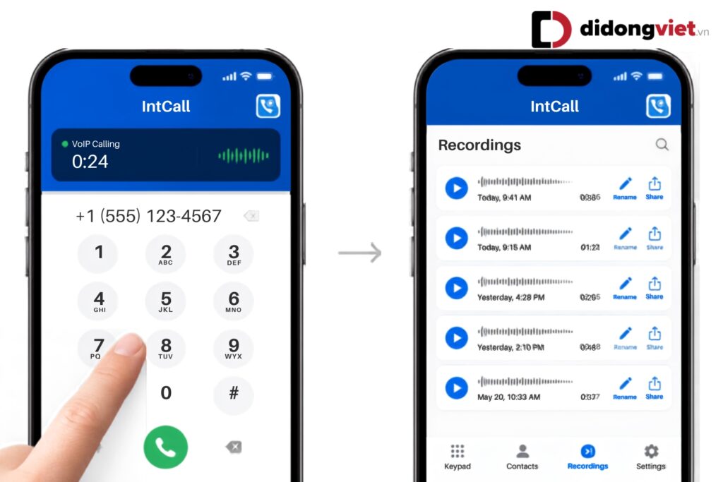 Cách ghi âm cuộc gọi trên iPhone đơn giản, miễn phí (Cập nhật 2026) 14 Call Recorder – IntCall ghi âm cuộc gọi qua hệ thống VoIP, sau khi cài app và xác minh số điện thoại.