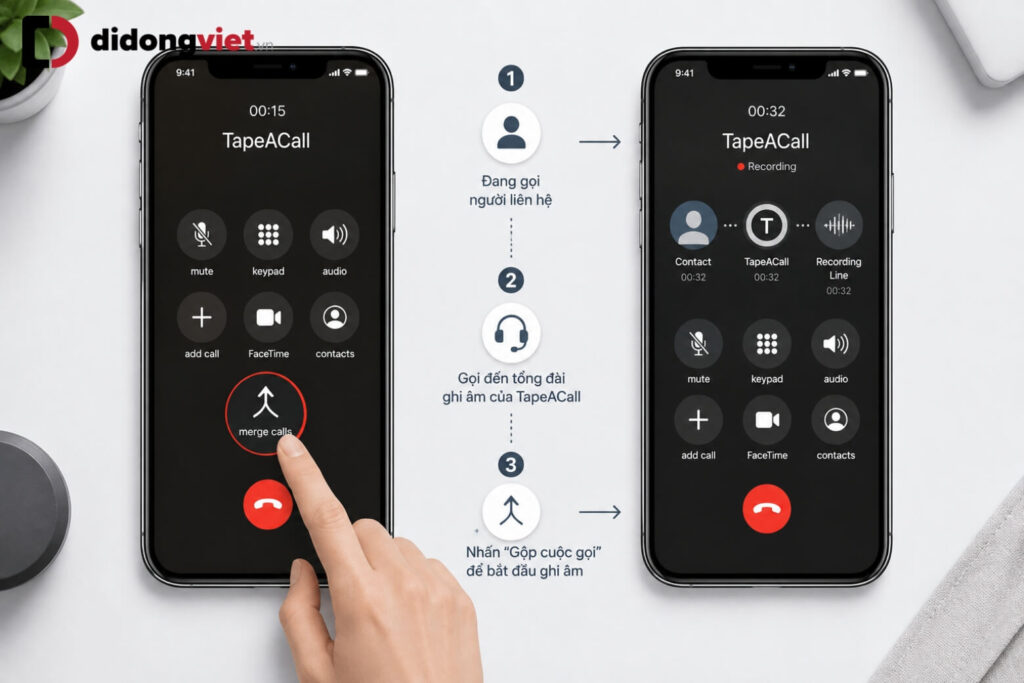 Cách ghi âm cuộc gọi trên iPhone đơn giản, miễn phí (Cập nhật 2026) 15 TapeACall ghi âm bằng cách kết nối cuộc gọi với tổng đài qua tính năng Gộp cuộc gọi trên iPhone.