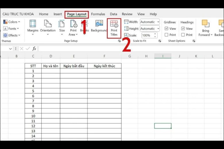 lặp lại tiêu đề trong excel