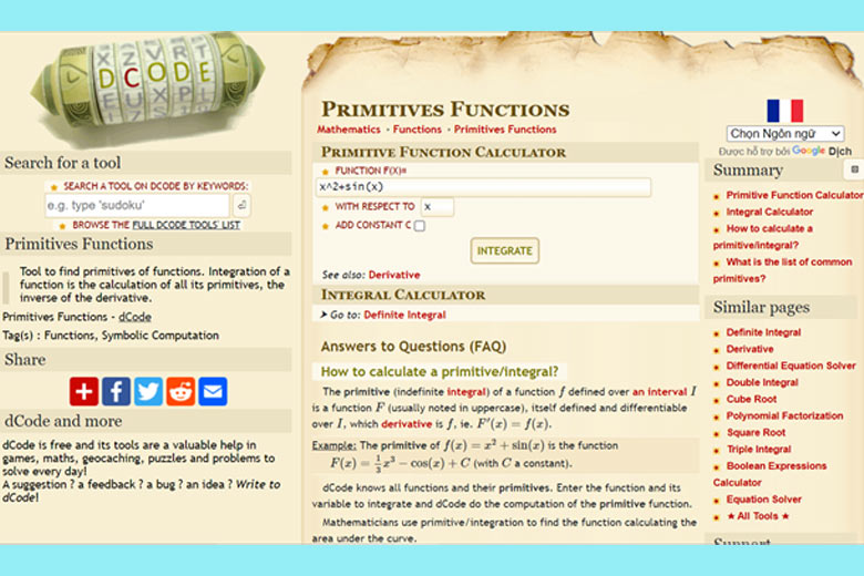 Website tính nguyên hàm online