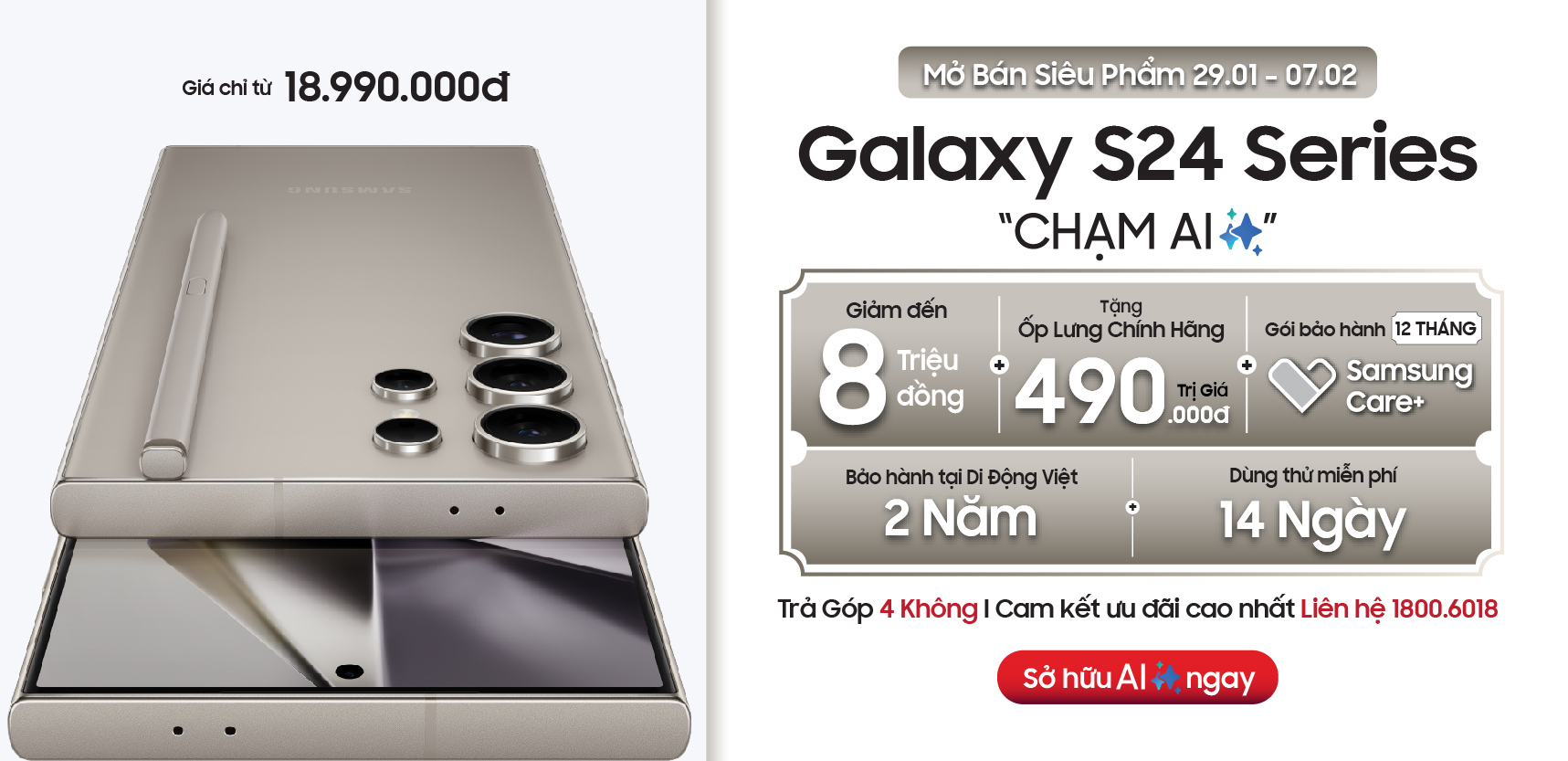 Ưu đãi Galaxy S24 Series tại Di Động Việt: Giảm thêm 3 triệu khi thu cũ đổi mới 29.01 – 07.02