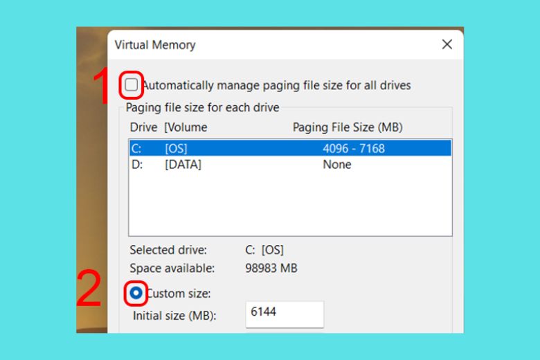 Hãy bỏ dấu tick ở ô Automatically manage paging file size for all drives