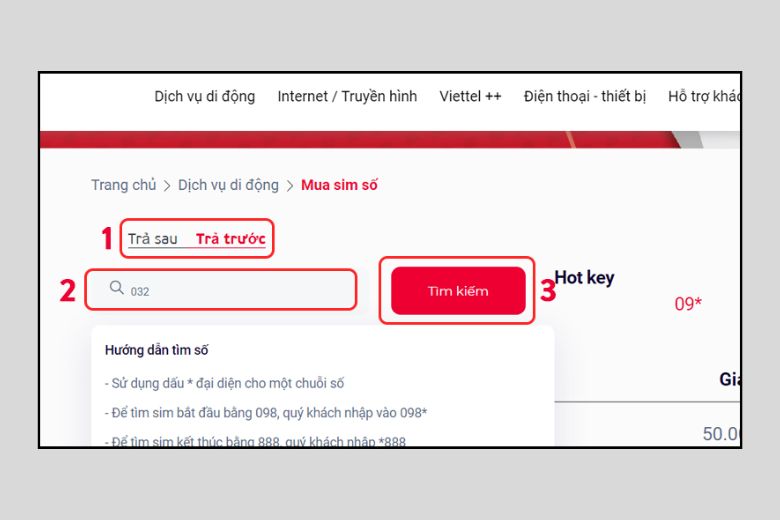 Để tìm kiếm SIM với đầu số 032, hãy chọn "SIM Trả trước" và nhập "032"